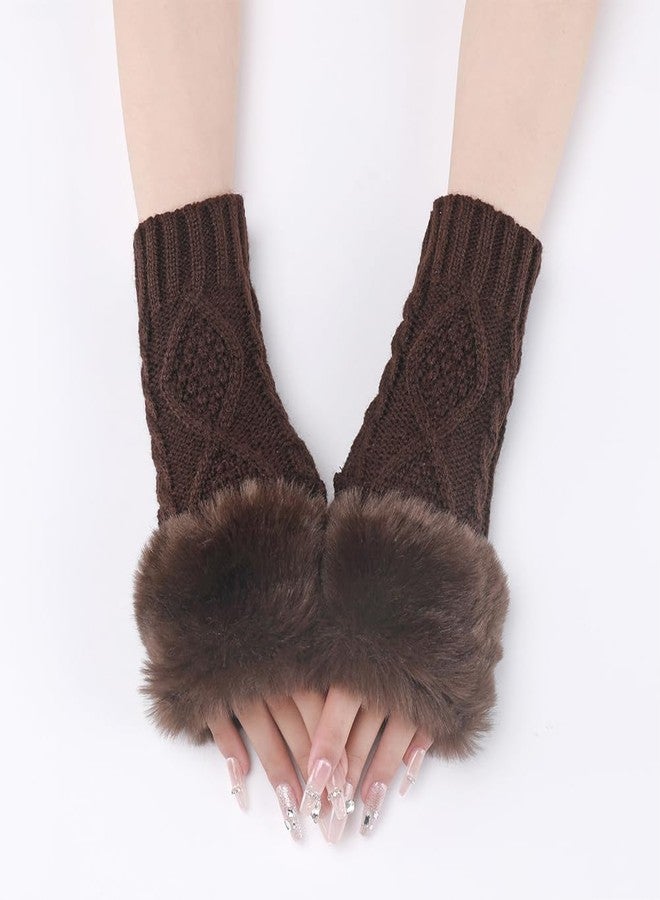 CABODYALS 2 Pairs Brown Knit Fingerless Gloves Winter Crochet Coffee Furry Arm Warm Sleeves Soft Fluffy Knitting Thumb Hole Faux Fur Hand Wrist Warmer Mittens for Women Typing Driving Activity Outings - Image 4